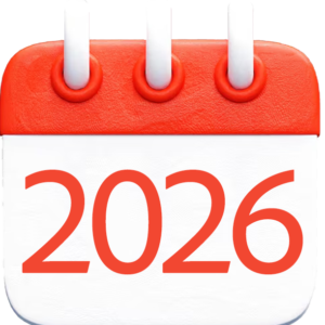 Calendar page displaying the year 2026 in bold red numerals on a red-and-white calendar pad.