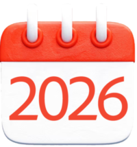 Calendar page displaying the year 2026 in bold red numerals on a red-and-white calendar pad.